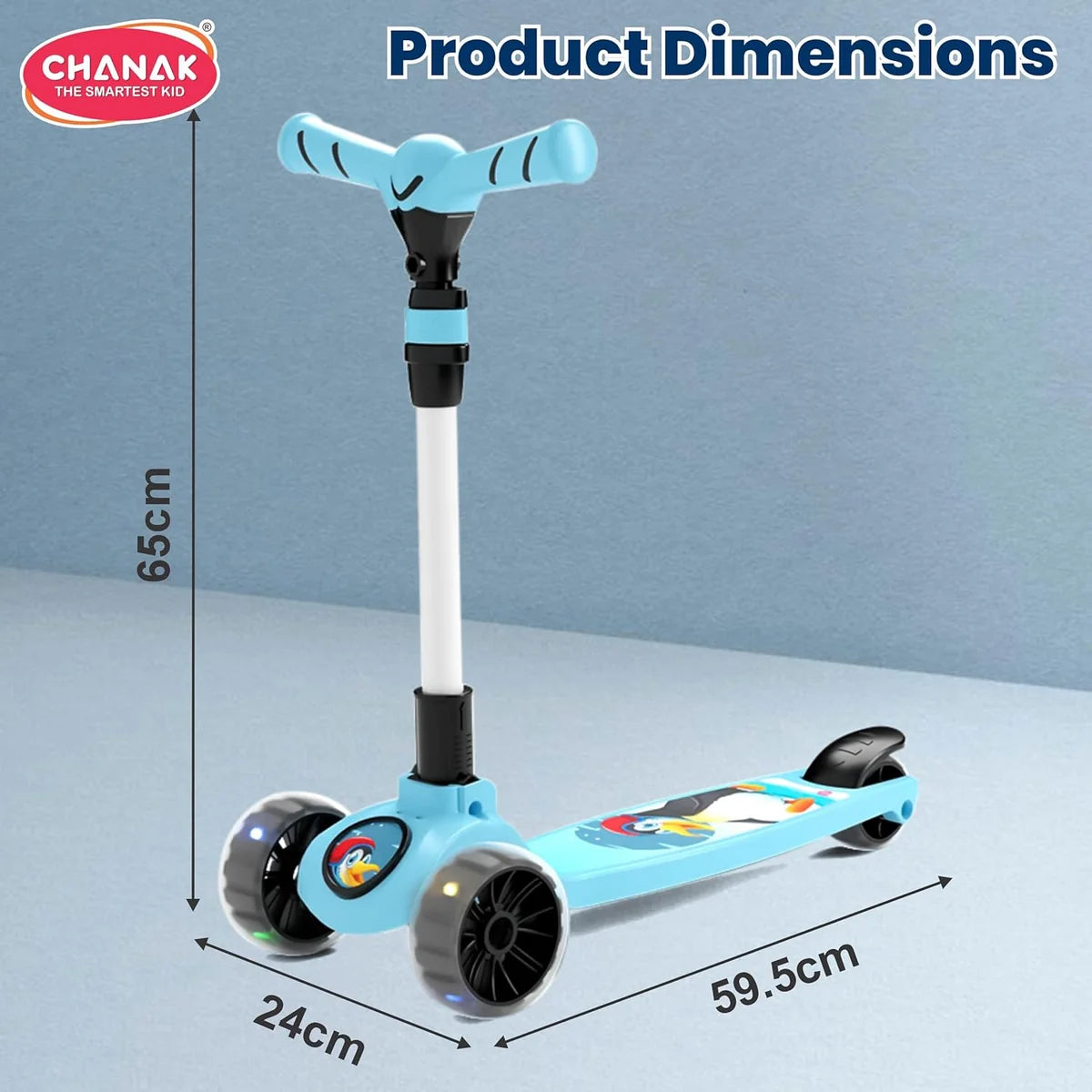 Chanak 3-Wheel Kick Scooter for Kids 5+ Years | LED Wheels, Foldable, 4-Height Adjustable – BIS Approved (Black-Blue)
