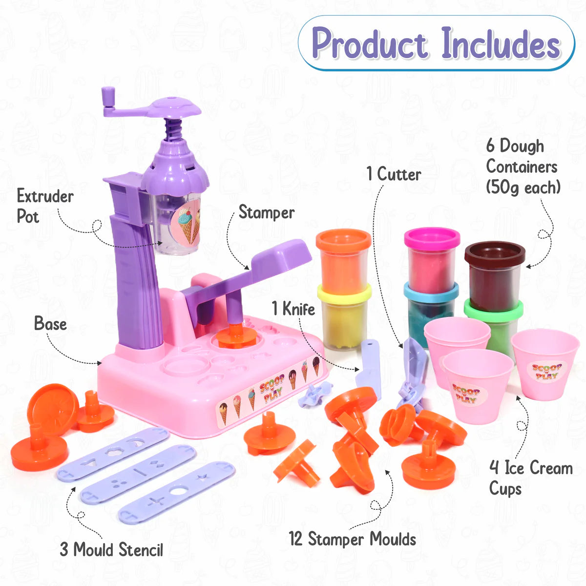 Chanak Play Dough Ice Cream Maker Set for Kids 3+ Years | 6 Colour Non-Toxic Dough Tubes 50g Each – BIS Approved