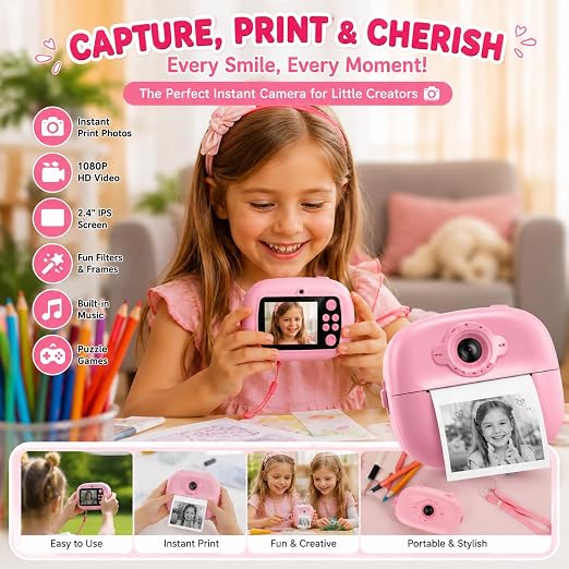 DIY Instant Print Mini Camera for Kids & Adults | Thermal Paper Printing Camera | 2.4” HD Screen | SD Card Support, Video Recording, Games & Music Player