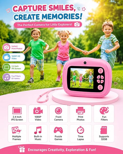 DIY Instant Print Mini Camera for Kids & Adults | Thermal Paper Printing Camera | 2.4” HD Screen | SD Card Support, Video Recording, Games & Music Player