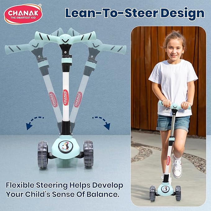 Chanak 3-Wheel Kick Scooter for Kids 5+ Years | LED Wheels, Foldable, 4-Height Adjustable – BIS Approved (Black-Blue)