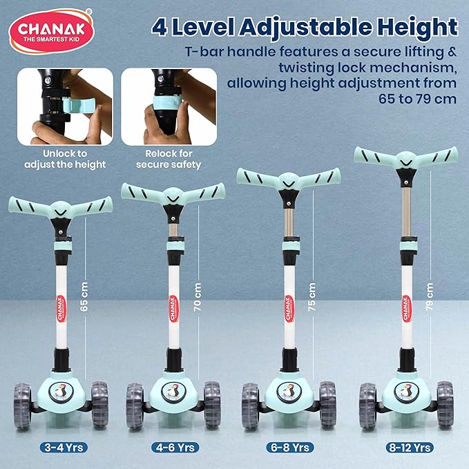 Chanak 3-Wheel Kick Scooter for Kids 5+ Years | LED Wheels, Foldable, 4-Height Adjustable – BIS Approved (Black-Blue)