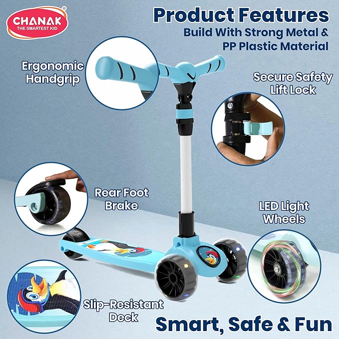 Chanak 3-Wheel Kick Scooter for Kids 5+ Years | LED Wheels, Foldable, 4-Height Adjustable – BIS Approved (Black-Blue)